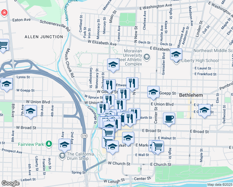 map of restaurants, bars, coffee shops, grocery stores, and more near 73 West Goepp Street in Bethlehem