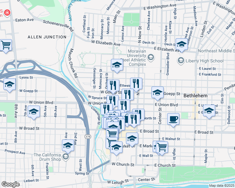 map of restaurants, bars, coffee shops, grocery stores, and more near 73 West Goepp Street in Bethlehem