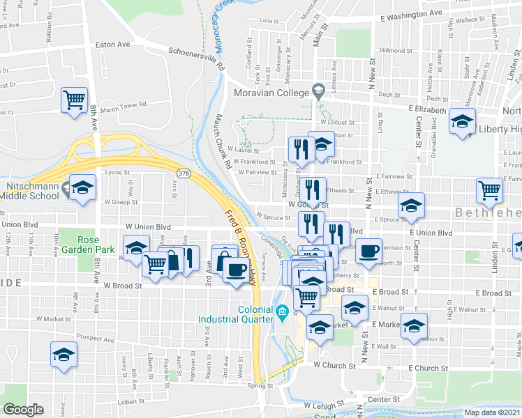 map of restaurants, bars, coffee shops, grocery stores, and more near 245 West Goepp Street in Bethlehem
