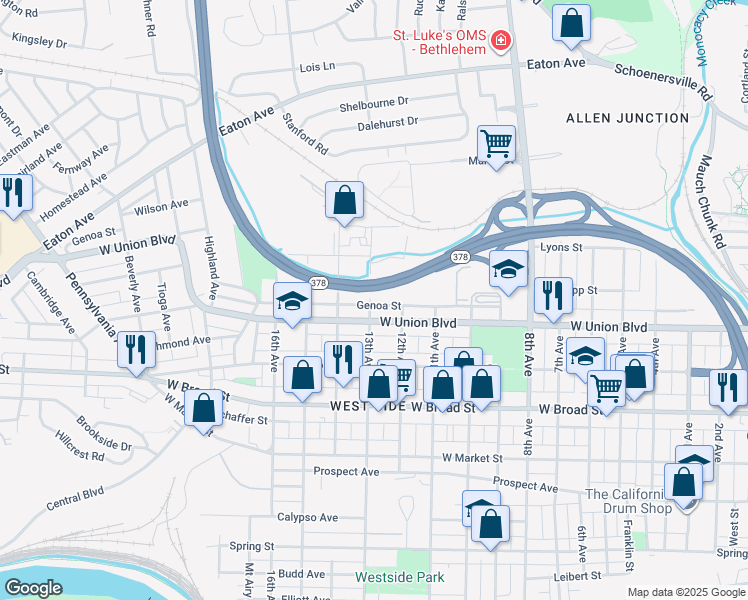 map of restaurants, bars, coffee shops, grocery stores, and more near 813 Genoa Street in Bethlehem