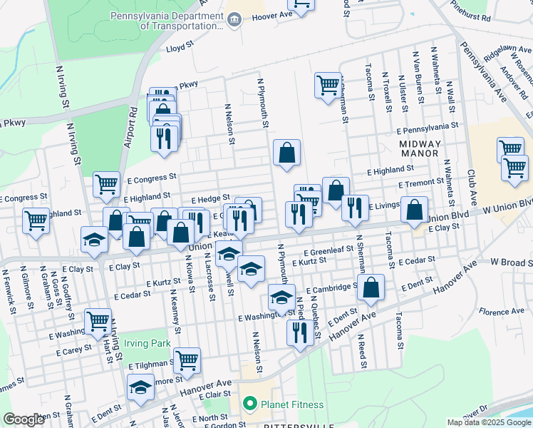 map of restaurants, bars, coffee shops, grocery stores, and more near 1513 East Livingston Street in Allentown
