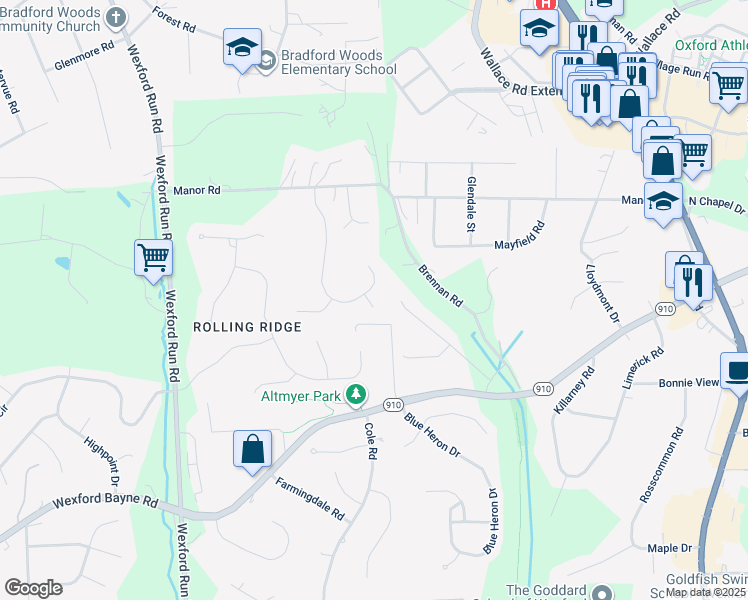 map of restaurants, bars, coffee shops, grocery stores, and more near 201 Guckert Lane in Wexford