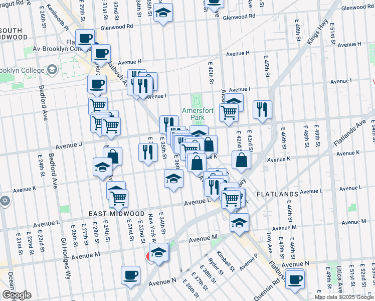 map of restaurants, bars, coffee shops, grocery stores, and more near 1253 East 37th Street in Brooklyn