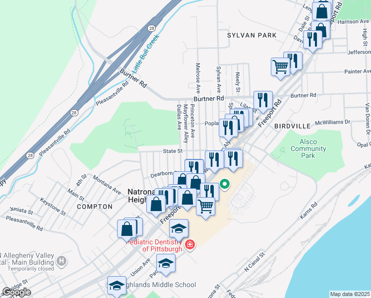 map of restaurants, bars, coffee shops, grocery stores, and more near 1301 Dallas Avenue in Natrona Heights