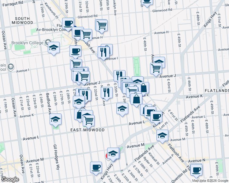 map of restaurants, bars, coffee shops, grocery stores, and more near 1217 East 34th Street in Brooklyn