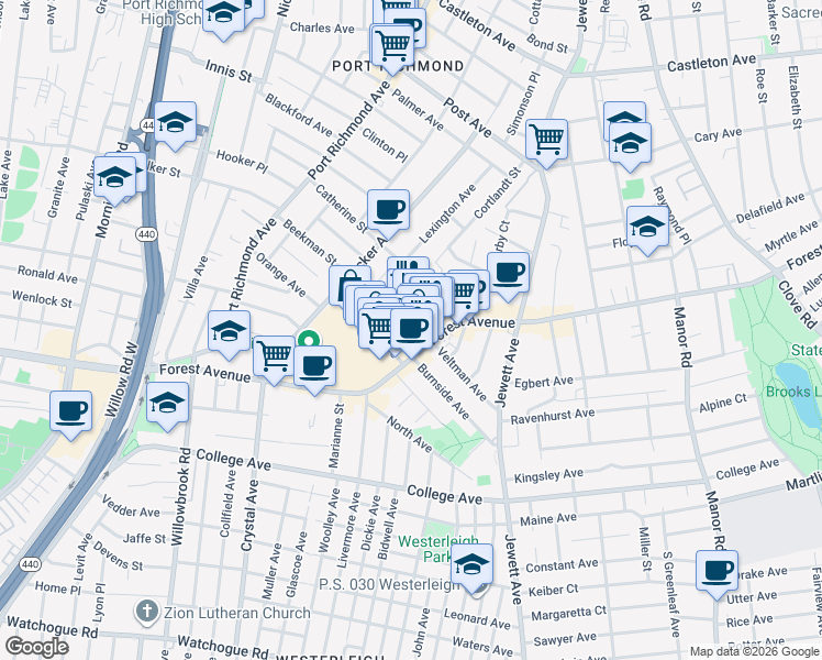 map of restaurants, bars, coffee shops, grocery stores, and more near 1351 Forest Avenue in Staten Island