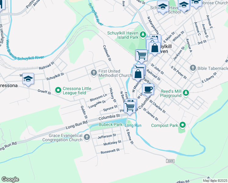 map of restaurants, bars, coffee shops, grocery stores, and more near 102 Hickory St in Schuylkill Haven