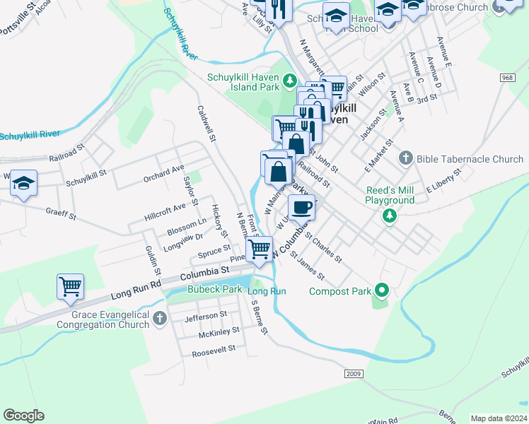 map of restaurants, bars, coffee shops, grocery stores, and more near 209 West Main Street in Schuylkill Haven
