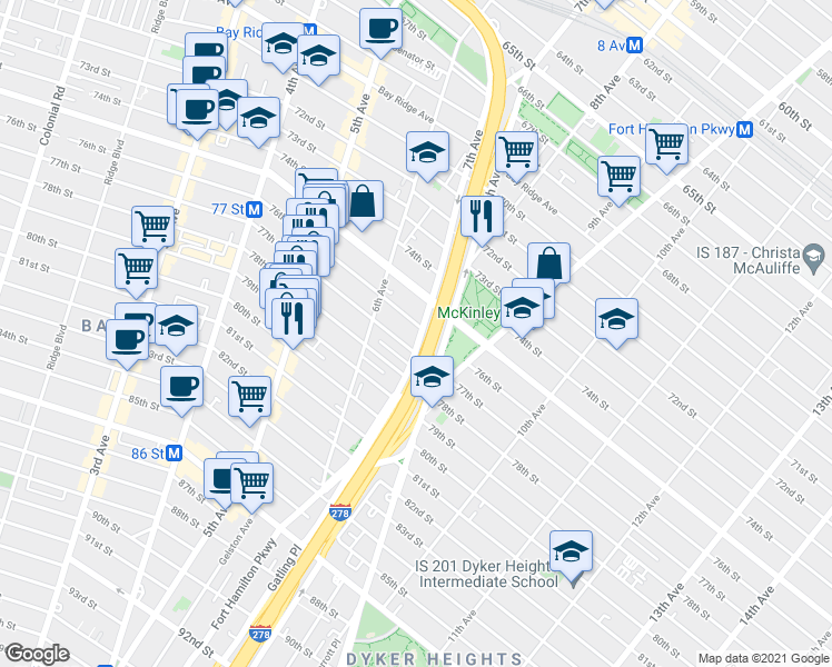 map of restaurants, bars, coffee shops, grocery stores, and more near 7606 7th Avenue in Brooklyn