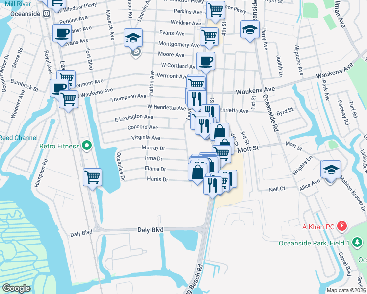 map of restaurants, bars, coffee shops, grocery stores, and more near 32 Murray Drive in Oceanside
