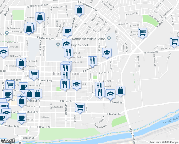 map of restaurants, bars, coffee shops, grocery stores, and more near 902 Elm Street in Bethlehem