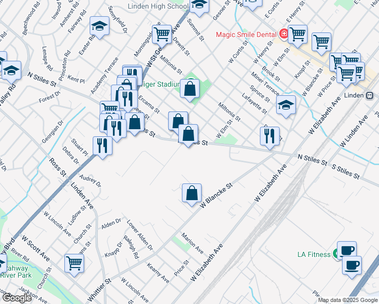 map of restaurants, bars, coffee shops, grocery stores, and more near 531 North Stiles Street in Linden