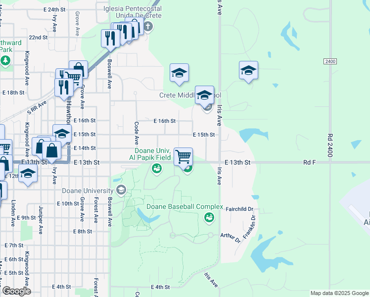 map of restaurants, bars, coffee shops, grocery stores, and more near 1420 East 14th Street in Crete