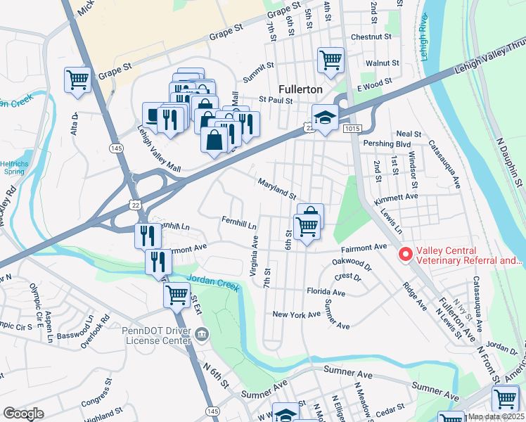 map of restaurants, bars, coffee shops, grocery stores, and more near 711 Pennsylvania Street in Fullerton