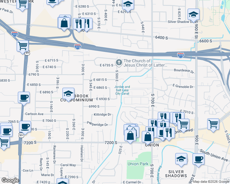 map of restaurants, bars, coffee shops, grocery stores, and more near 6888 South 500 East in Midvale
