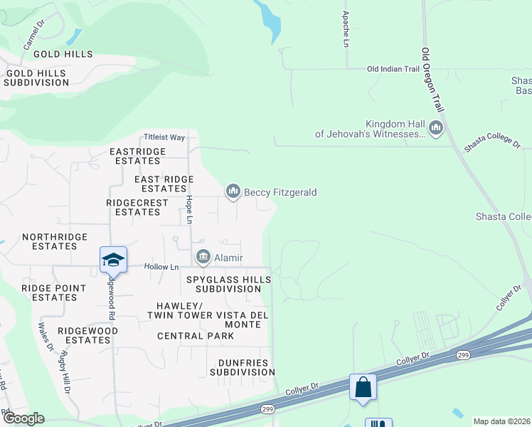 map of restaurants, bars, coffee shops, grocery stores, and more near 1201-11799 Twin Tower Drive in Redding
