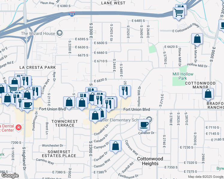 map of restaurants, bars, coffee shops, grocery stores, and more near 2420 East 6895 South in Cottonwood Heights