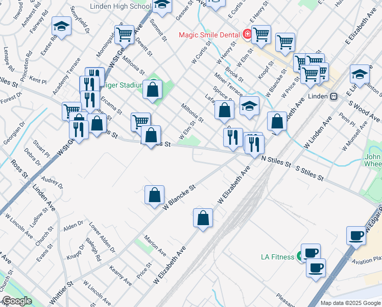 map of restaurants, bars, coffee shops, grocery stores, and more near 447 North Stiles Street in Linden