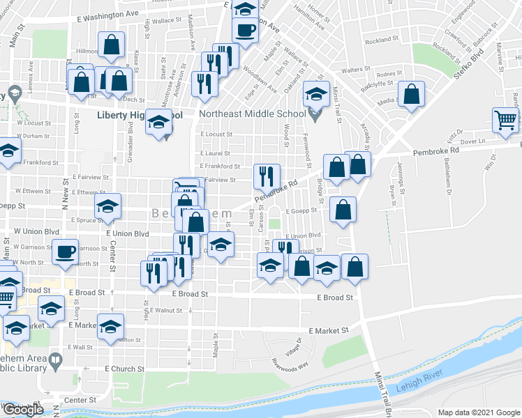 map of restaurants, bars, coffee shops, grocery stores, and more near 999 Carson Street in Bethlehem