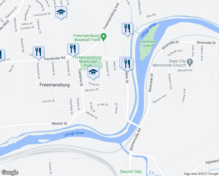 map of restaurants, bars, coffee shops, grocery stores, and more near 301 Monroe Street in Freemansburg