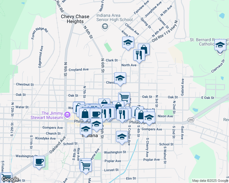 map of restaurants, bars, coffee shops, grocery stores, and more near 531 Oak Street in Indiana