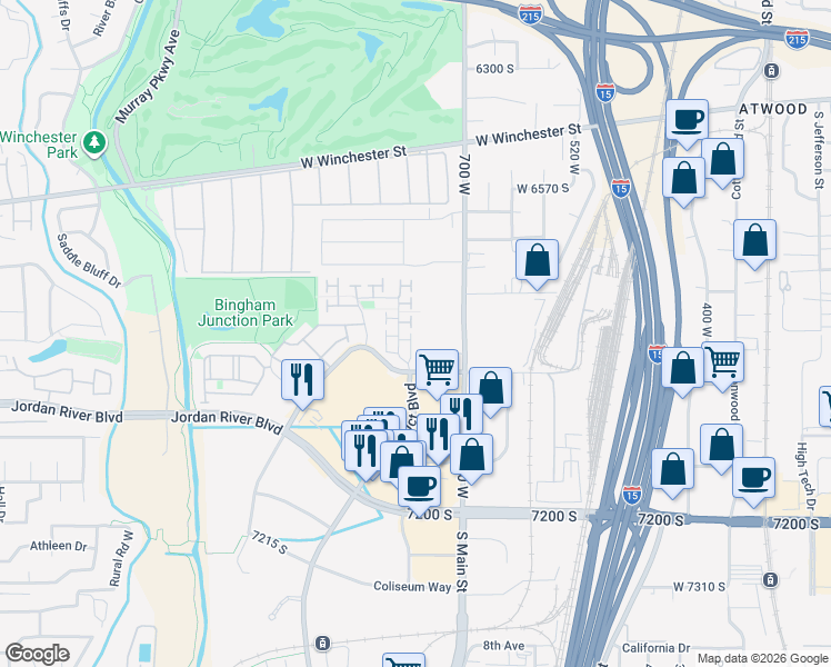 map of restaurants, bars, coffee shops, grocery stores, and more near 6907 Zandi Drive in Midvale