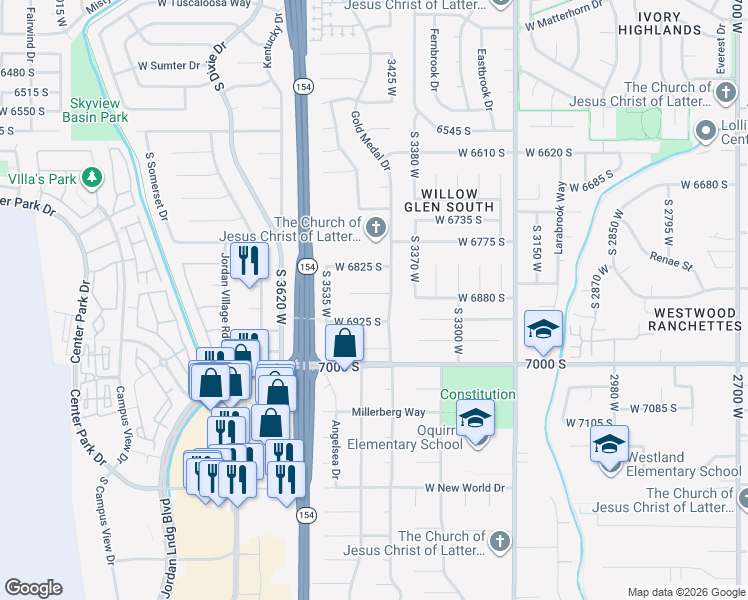 map of restaurants, bars, coffee shops, grocery stores, and more near 3451 West 6875 South in West Jordan