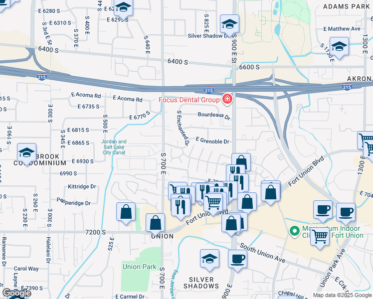 map of restaurants, bars, coffee shops, grocery stores, and more near 6880 South 775 East in Midvale