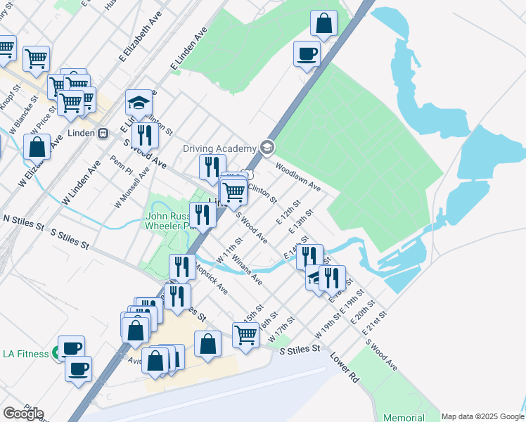 map of restaurants, bars, coffee shops, grocery stores, and more near 27 East 11th Street in Linden