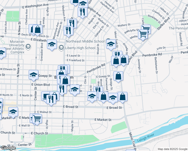map of restaurants, bars, coffee shops, grocery stores, and more near 517 Goepp Circle in Bethlehem