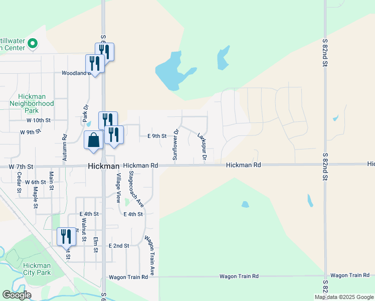 map of restaurants, bars, coffee shops, grocery stores, and more near 800 Goldenrod Circle in Hickman
