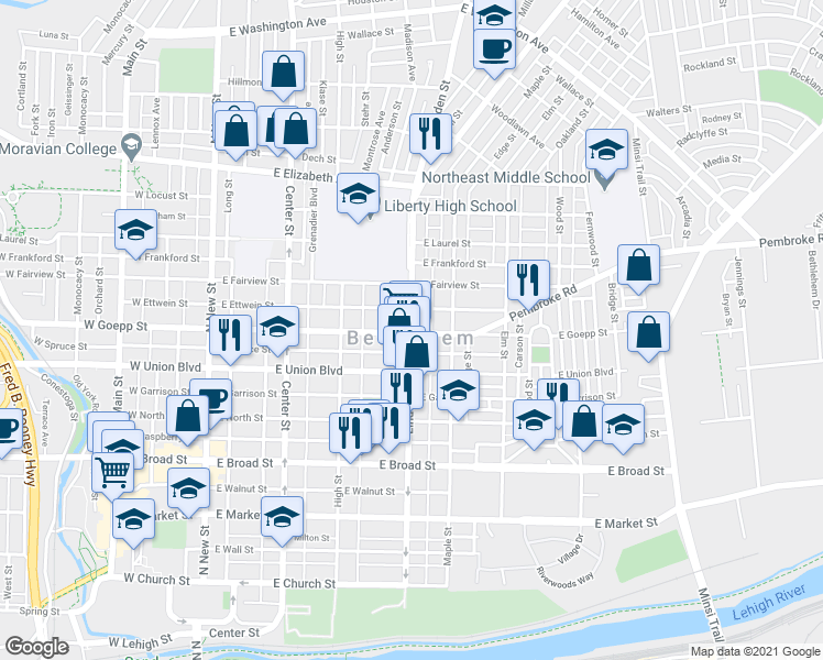 map of restaurants, bars, coffee shops, grocery stores, and more near 902 Linden Street in Bethlehem