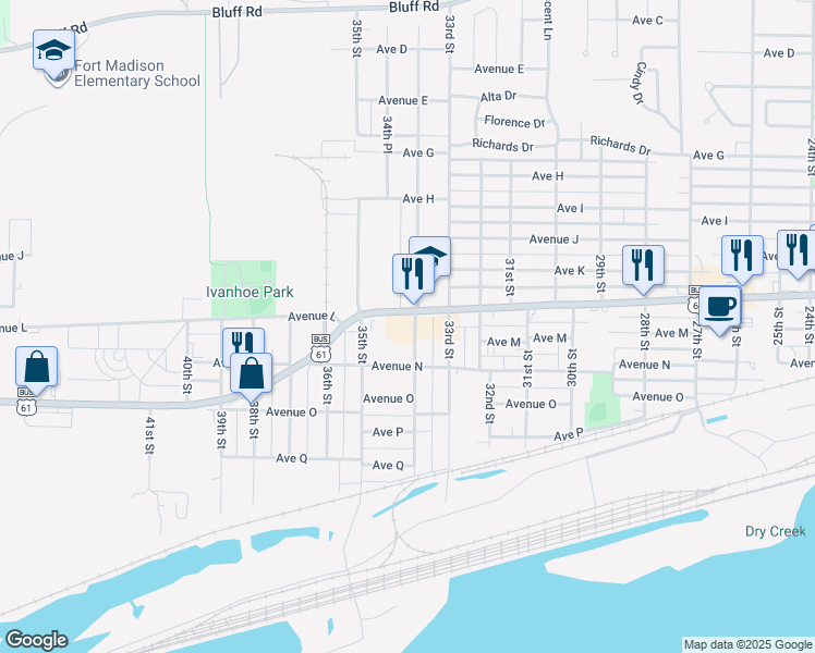 map of restaurants, bars, coffee shops, grocery stores, and more near 3402 Avenue L in Fort Madison