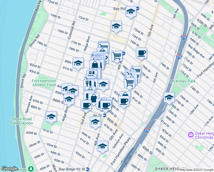 map of restaurants, bars, coffee shops, grocery stores, and more near 357 82nd Street in Brooklyn