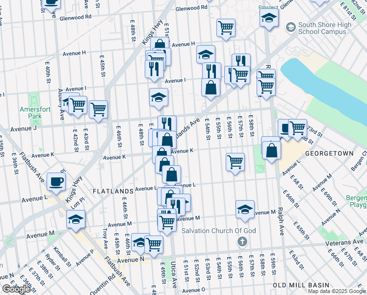 map of restaurants, bars, coffee shops, grocery stores, and more near 5117 Avenue K in Brooklyn