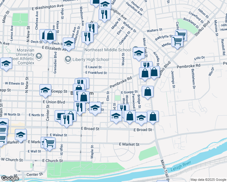 map of restaurants, bars, coffee shops, grocery stores, and more near 517 Goepp Circle in Bethlehem