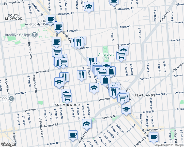 map of restaurants, bars, coffee shops, grocery stores, and more near 1149 East 35th Street in Brooklyn