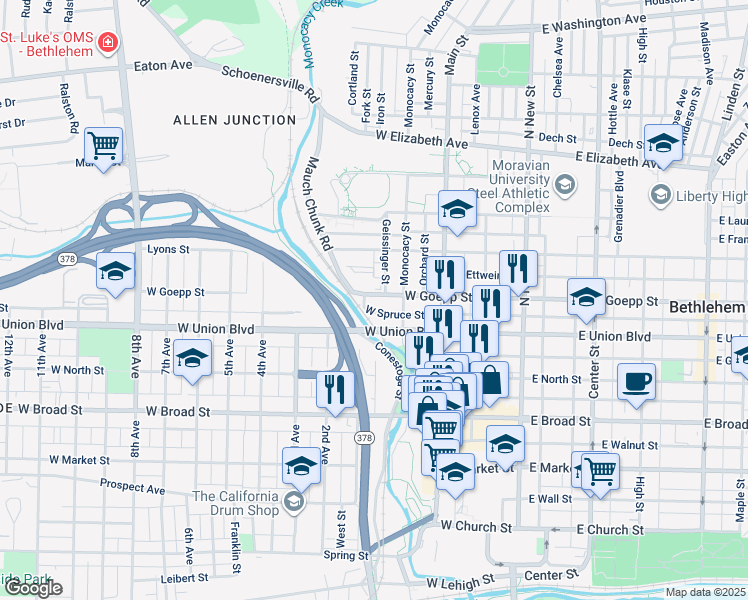 map of restaurants, bars, coffee shops, grocery stores, and more near 231 West Goepp Street in Bethlehem