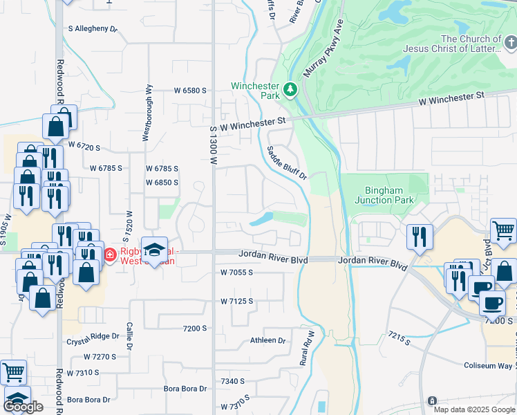 map of restaurants, bars, coffee shops, grocery stores, and more near West Jordan Landing Boulevard in West Jordan
