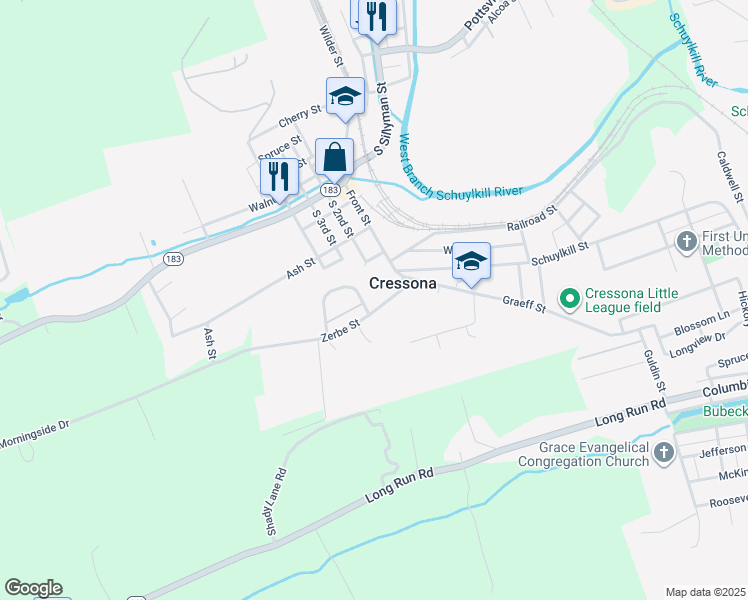 map of restaurants, bars, coffee shops, grocery stores, and more near 17 Zerbe Street in Cressona