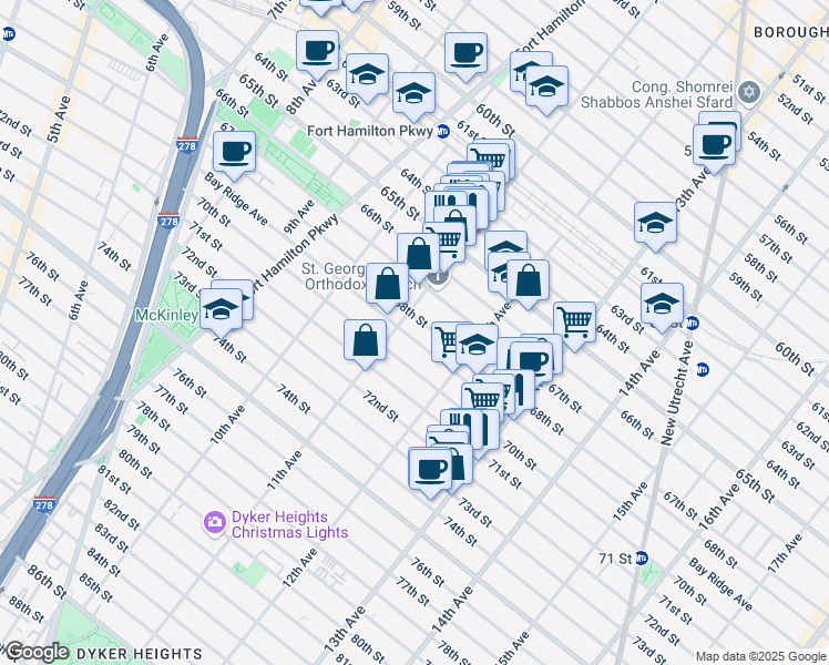 map of restaurants, bars, coffee shops, grocery stores, and more near 1144 68th Street in Brooklyn