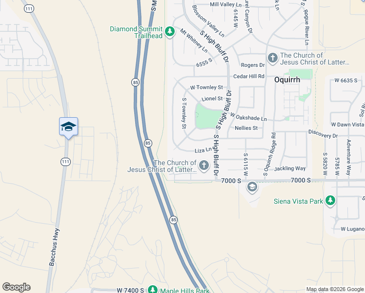 map of restaurants, bars, coffee shops, grocery stores, and more near 6357 Oquirrh Point Road in West Jordan
