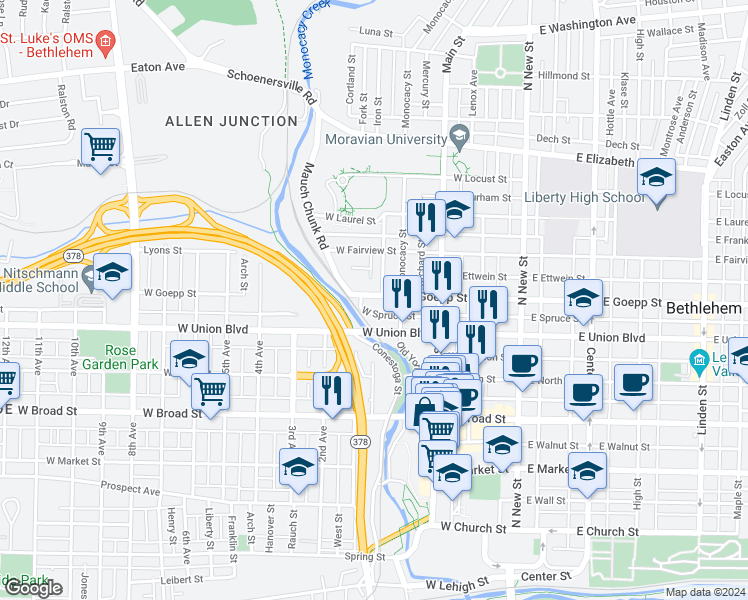 map of restaurants, bars, coffee shops, grocery stores, and more near 227 West Goepp Street in Bethlehem