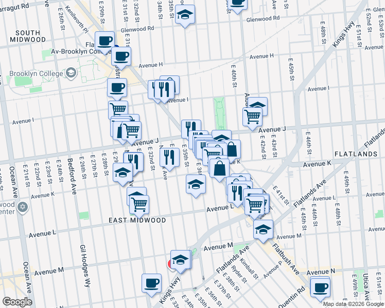 map of restaurants, bars, coffee shops, grocery stores, and more near 1012 East 36th Street in Brooklyn