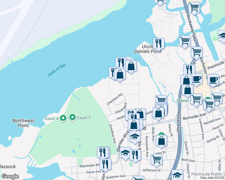 map of restaurants, bars, coffee shops, grocery stores, and more near 32 Meadow Road in Inwood