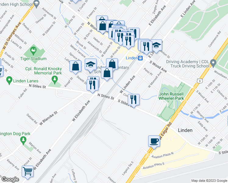 map of restaurants, bars, coffee shops, grocery stores, and more near 416 Lynn Court in Linden