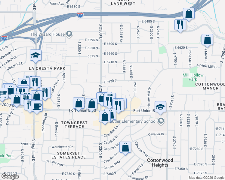 map of restaurants, bars, coffee shops, grocery stores, and more near 2351 East 6895 South in Salt Lake City