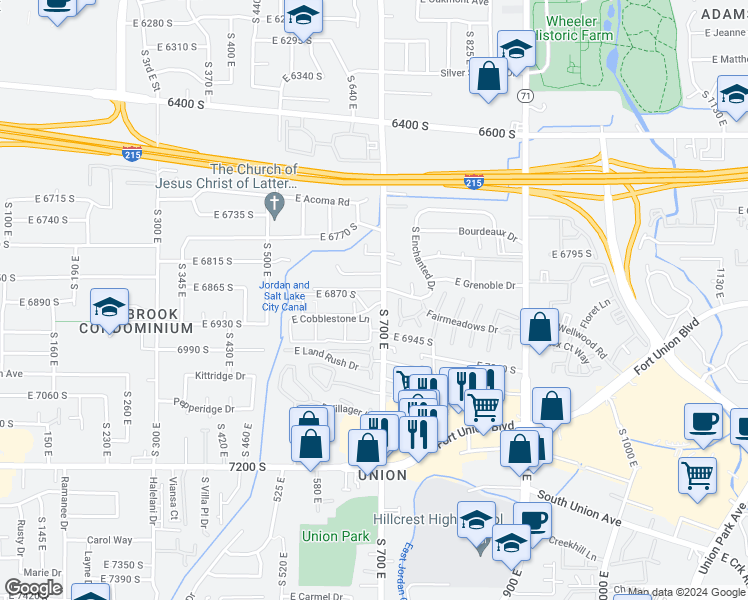 map of restaurants, bars, coffee shops, grocery stores, and more near 6894 670 East in Midvale