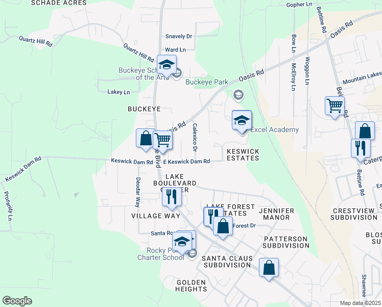 map of restaurants, bars, coffee shops, grocery stores, and more near 1415 Greenback Lane in Redding