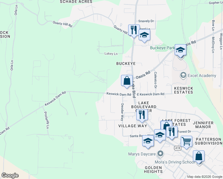 map of restaurants, bars, coffee shops, grocery stores, and more near 11401-11431 Prosperity Ln in Redding